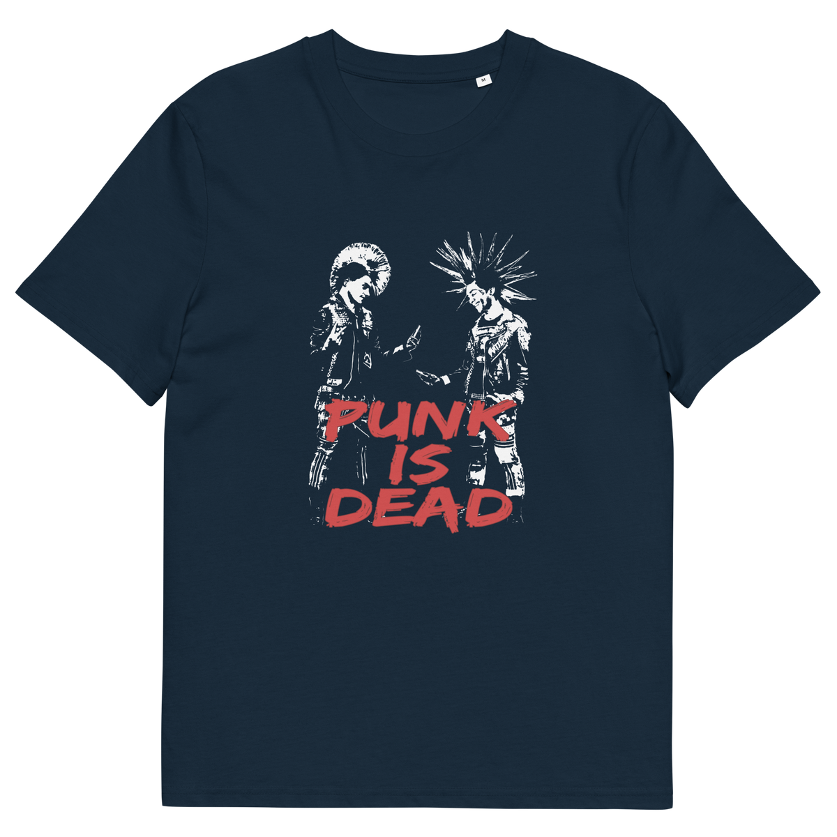 A French navy blue short-sleeve t-shirt with a graphic print of two punk figures facing each other above the text 'PUNK IS DEAD' in red and white.