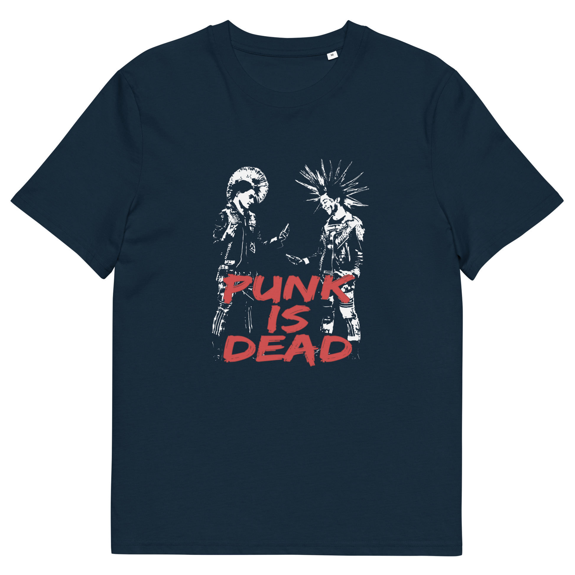 A French navy blue short-sleeve t-shirt with a graphic print of two punk figures facing each other above the text 'PUNK IS DEAD' in red and white.