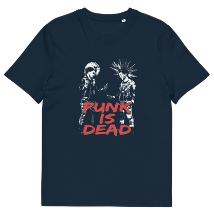 A French navy blue short-sleeve t-shirt with a graphic print of two punk figures facing each other above the text 'PUNK IS DEAD' in red and white.