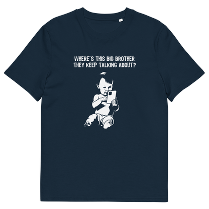 A French navy blue short-sleeve t-shirt with a white graphic print of a baby holding a phone, with the text 'WHERE'S THIS BIG BROTHER THEY KEEP TALKING ABOUT?' above it, displayed on a clean white background.