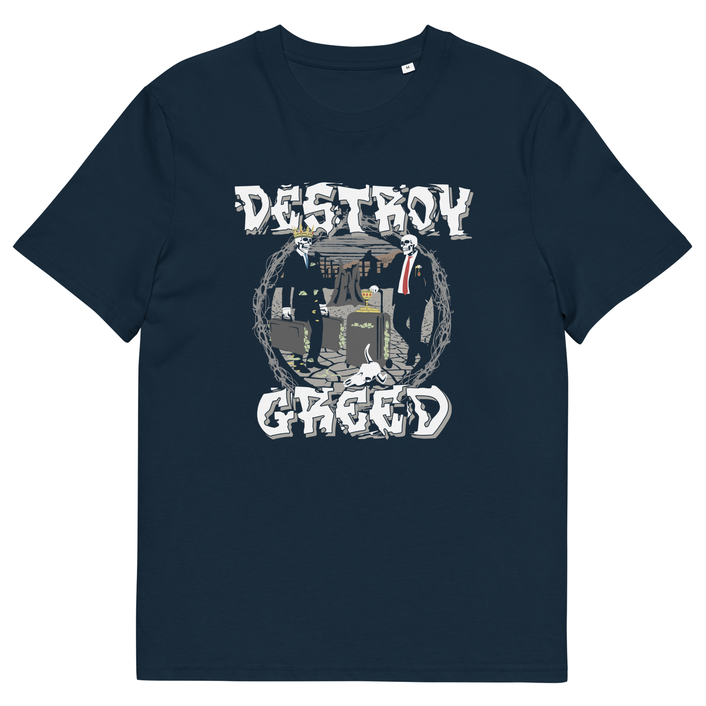 A French navy blue short-sleeve t-shirt with a graphic print on the front. The graphic features the words 'DESTROY GREED' in a distressed white font surrounding an illustration of two suited men standing in front of a tombstone.