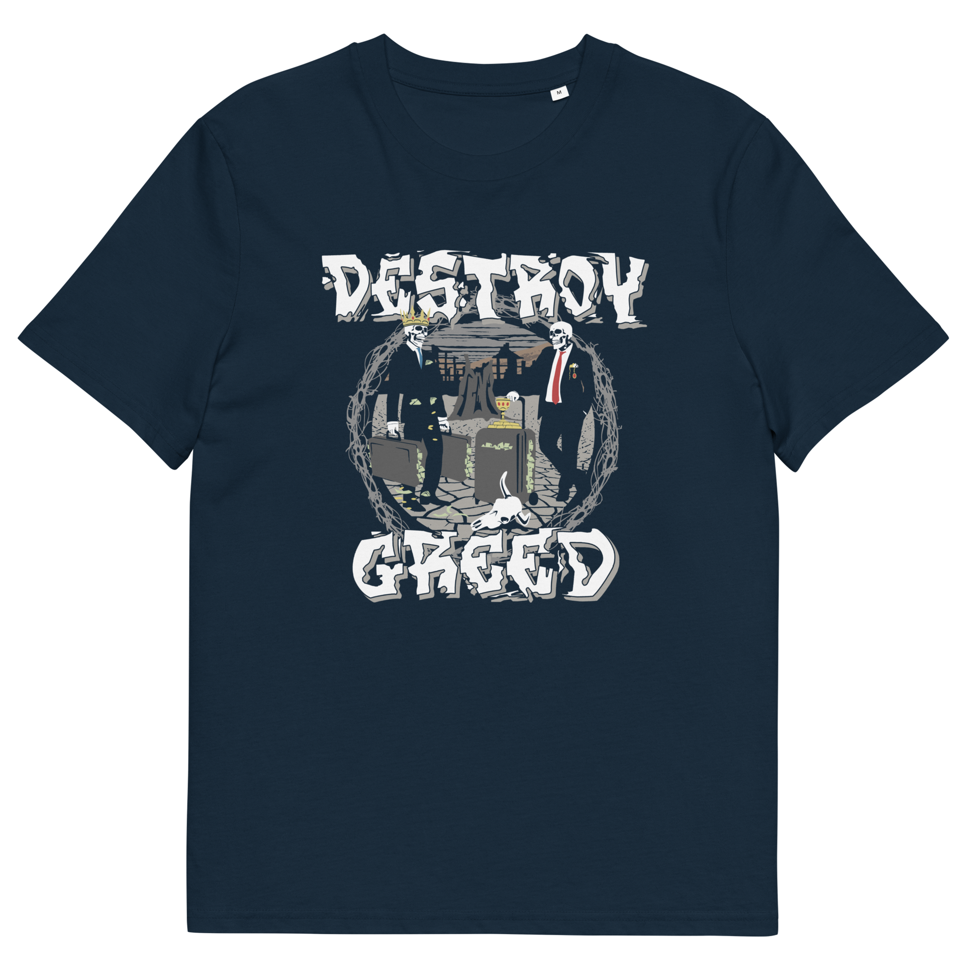 A French navy blue short-sleeve t-shirt with a graphic print on the front. The graphic features the words 'DESTROY GREED' in a distressed white font surrounding an illustration of two suited men standing in front of a tombstone.