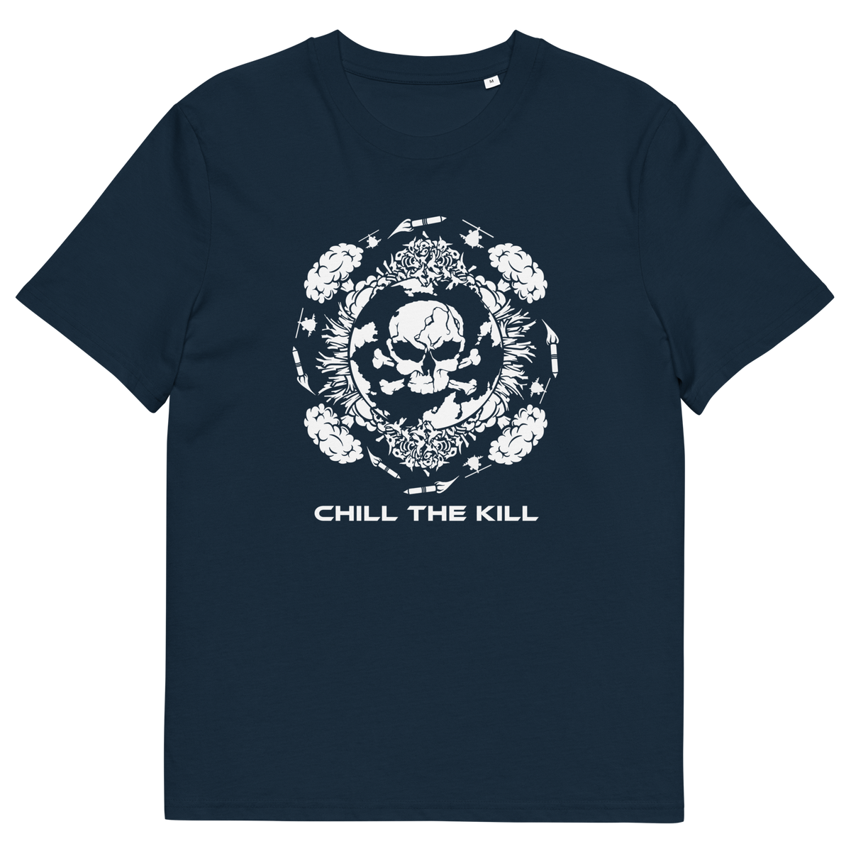 A French navy blue short-sleeve crewneck t-shirt with a white graphic print on the front. The graphic features a skull surrounded by roses and a circular emblem, with the text 'CHILL THE KILL' printed below in white.