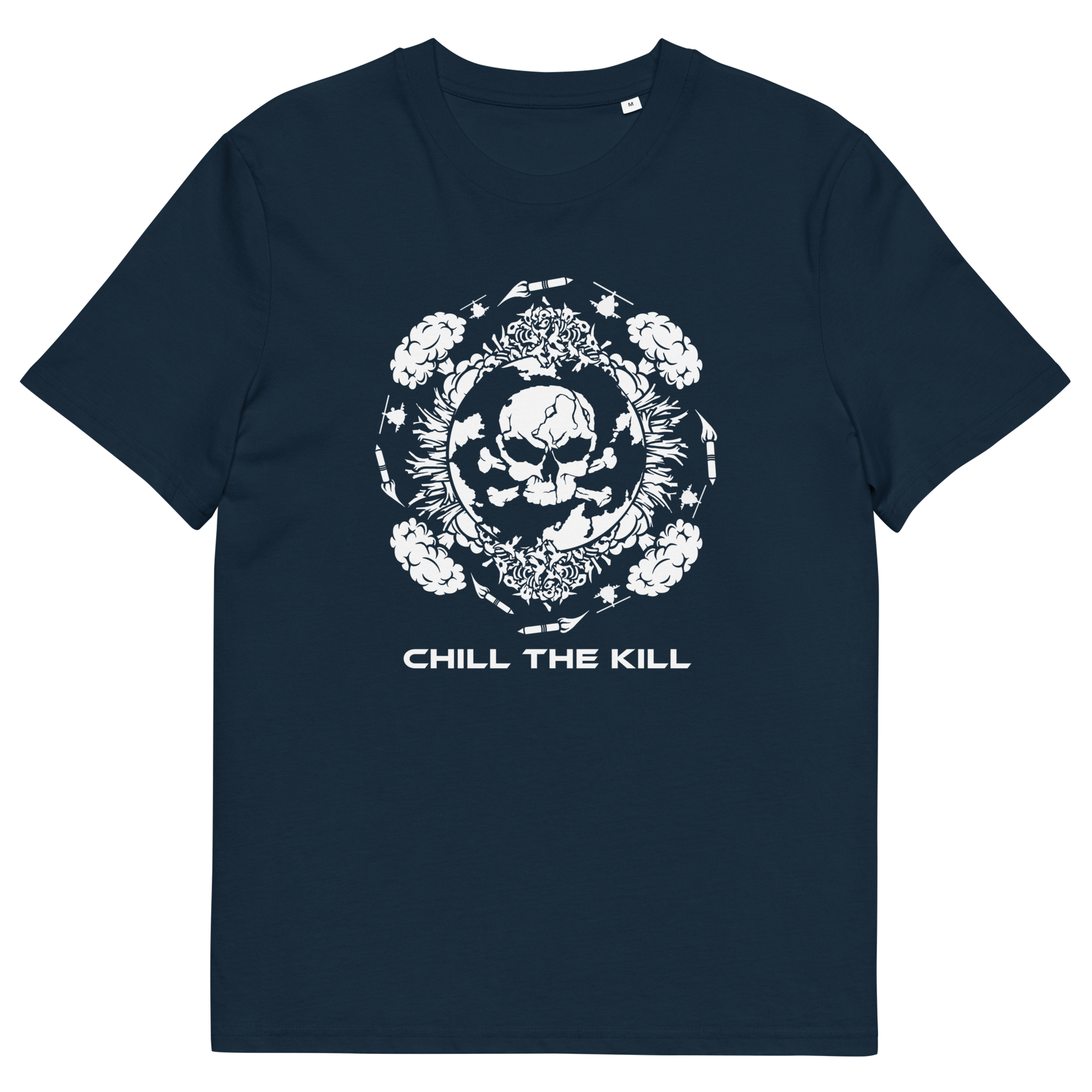 A French navy blue short-sleeve crewneck t-shirt with a white graphic print on the front. The graphic features a skull surrounded by roses and a circular emblem, with the text 'CHILL THE KILL' printed below in white.