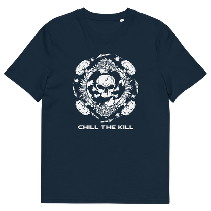 A French navy blue short-sleeve crewneck t-shirt with a white graphic print on the front. The graphic features a skull surrounded by roses and a circular emblem, with the text 'CHILL THE KILL' printed below in white.