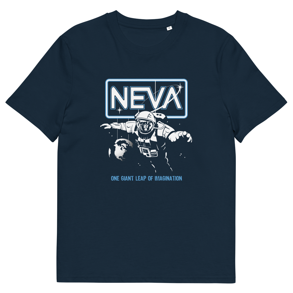 A navy blue short-sleeve t-shirt with a graphic print on the front. The graphic features the word 'NEVA' in white inside a glowing blue rectangular border, above a white and light blue illustration of an astronaut floating.
