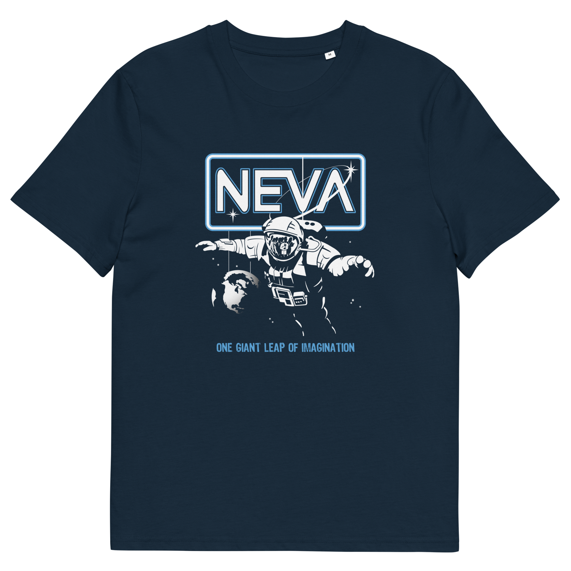 A navy blue short-sleeve t-shirt with a graphic print on the front. The graphic features the word 'NEVA' in white inside a glowing blue rectangular border, above a white and light blue illustration of an astronaut floating.