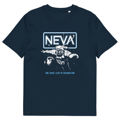 A navy blue short-sleeve t-shirt with a graphic print on the front. The graphic features the word 'NEVA' in white inside a glowing blue rectangular border, above a white and light blue illustration of an astronaut floating.