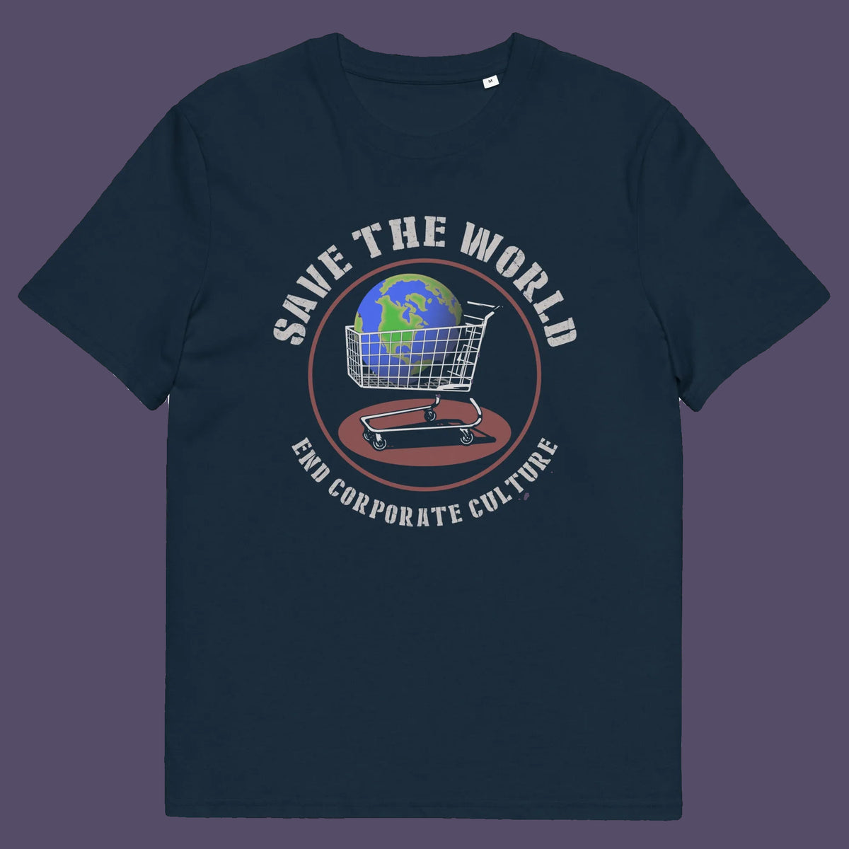 A French navy blue short-sleeve t-shirt with a circular graphic on the chest featuring a globe, a shopping cart, and the text 'SAVE THE WORLD' and 'END CORPORATE CULTORE' in white and red.