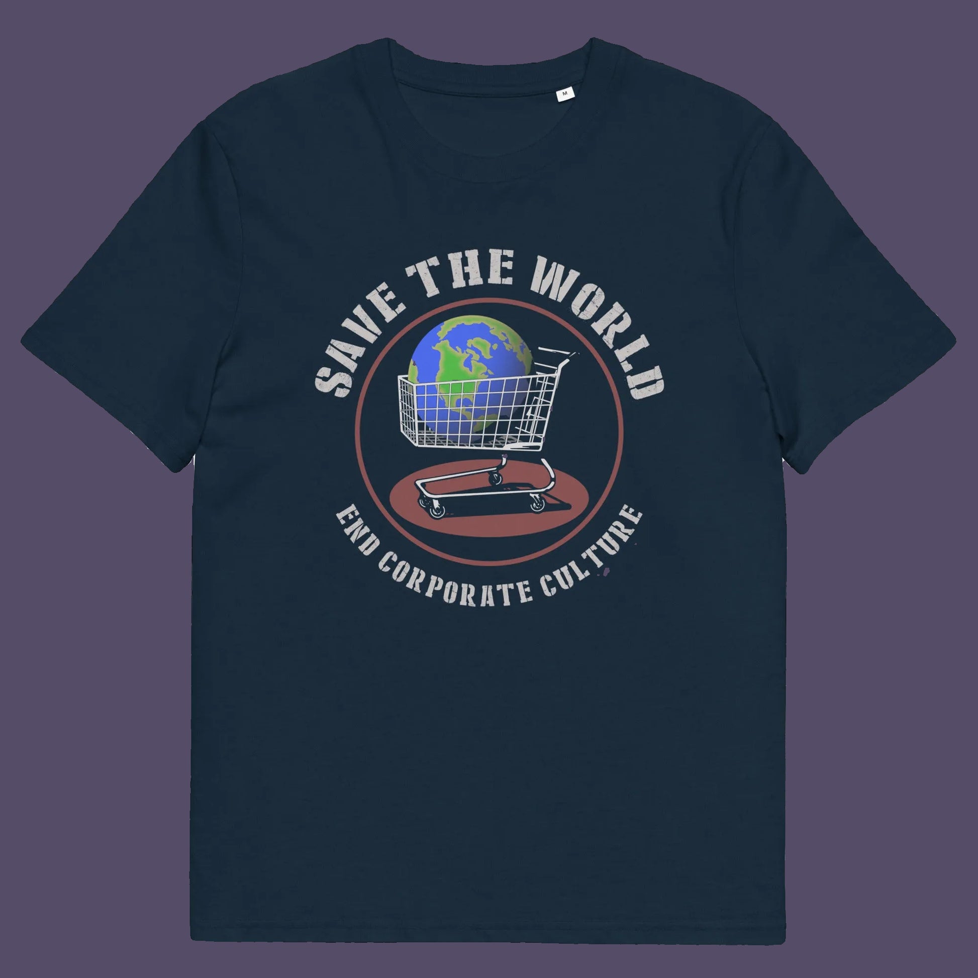A French navy blue short-sleeve t-shirt with a circular graphic on the chest featuring a globe, a shopping cart, and the text 'SAVE THE WORLD' and 'END CORPORATE CULTORE' in white and red.