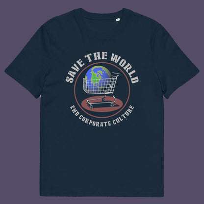 A French navy blue short-sleeve t-shirt with a circular graphic on the chest featuring a globe, a shopping cart, and the text 'SAVE THE WORLD' and 'END CORPORATE CULTORE' in white and red.