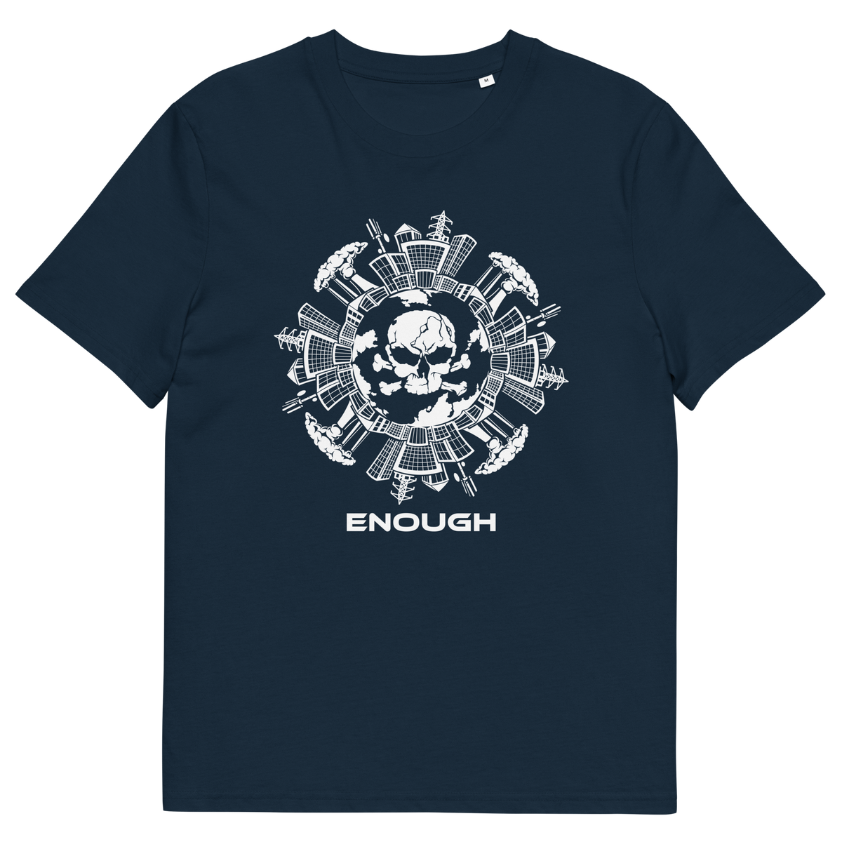 A French navy blue short-sleeve t-shirt with a white circular graphic on the chest featuring a skull and various tools, with the word 'ENOUGH' printed below in white.