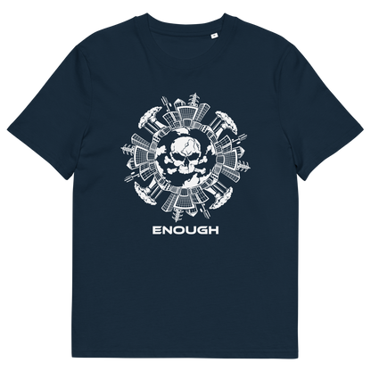A French navy blue short-sleeve t-shirt with a white circular graphic on the chest featuring a skull and various tools, with the word 'ENOUGH' printed below in white.
