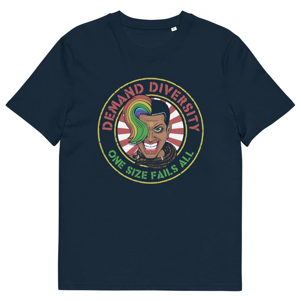 French navy coloured t shirt with a Demand diversity logo.
