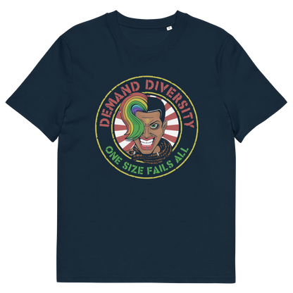 French navy coloured t shirt with a Demand diversity logo.