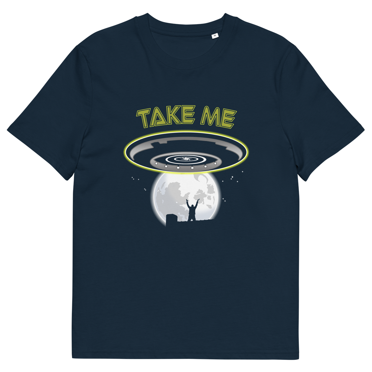 A French navy blue short-sleeve t-shirt with a graphic print on the front. The graphic features the text 'TAKE ME' in yellow above a grey UFO hovering over a grey moon, with a small silhouette of a person standing underneath.