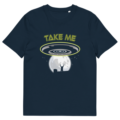 A French navy blue short-sleeve t-shirt with a graphic print on the front. The graphic features the text 'TAKE ME' in yellow above a grey UFO hovering over a grey moon, with a small silhouette of a person standing underneath.