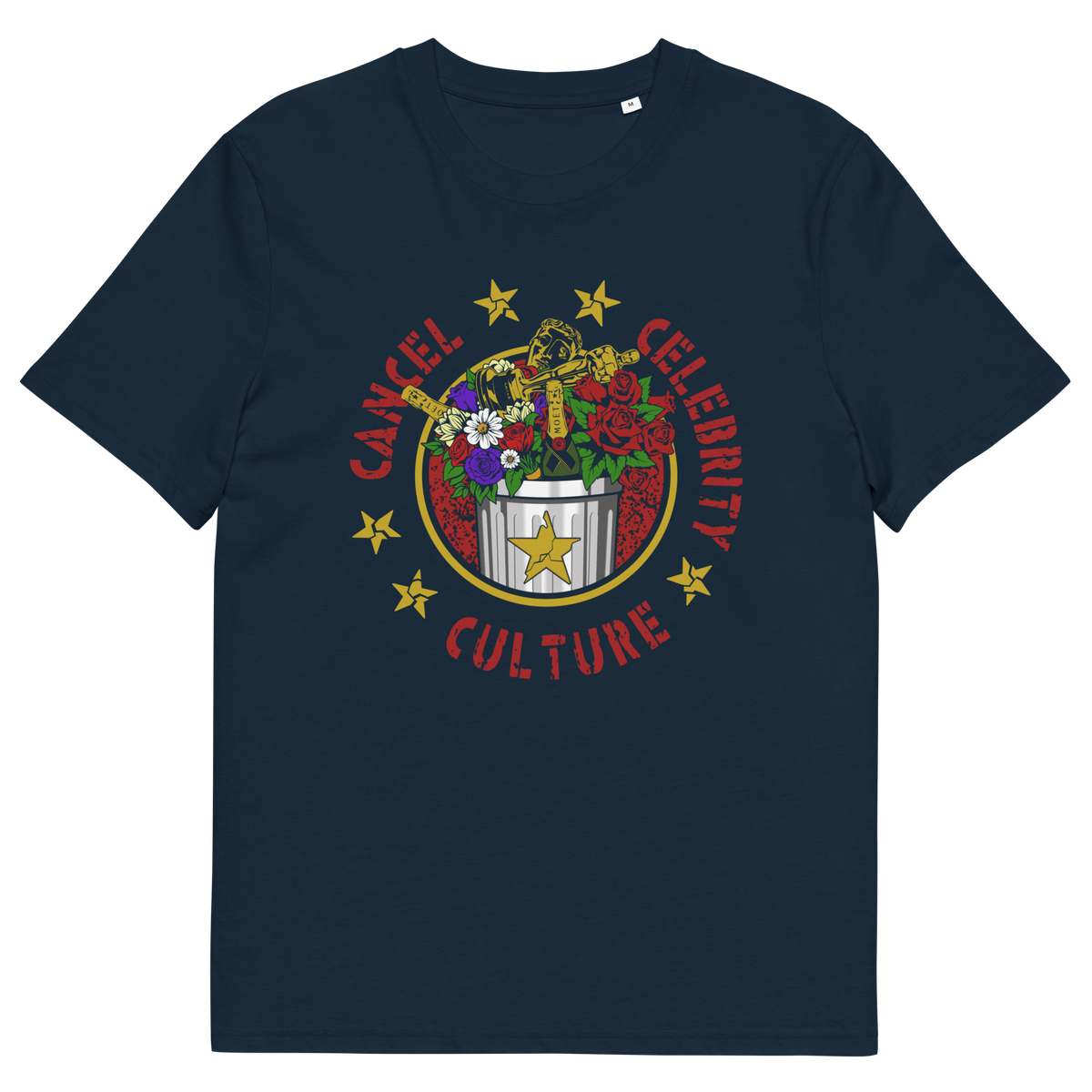 French navy t shirt  with "CANCEL CELEBRITY CULTURE" text.