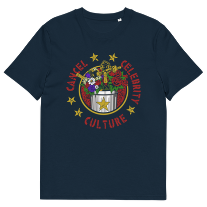 French navy t shirt  with "CANCEL CELEBRITY CULTURE" text.