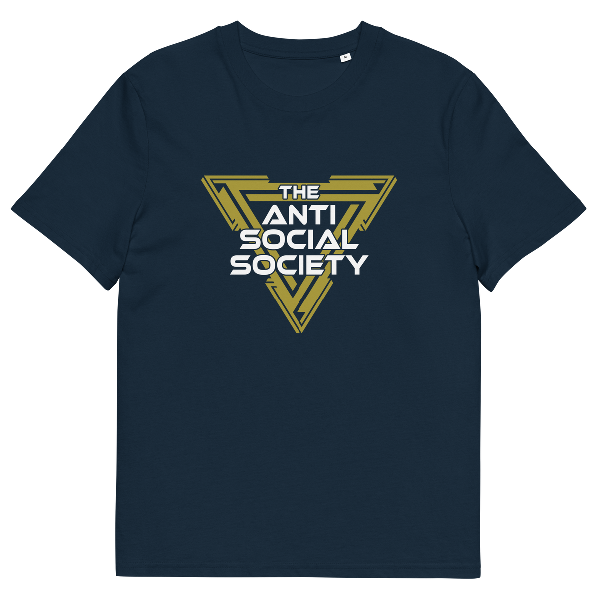 A French navy blue short-sleeve crewneck t-shirt featuring a geometric gold and white triangular graphic on the chest that reads 'THE ANTI SOCIAL SOCIETY'.