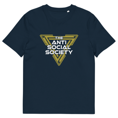 A French navy blue short-sleeve crewneck t-shirt featuring a geometric gold and white triangular graphic on the chest that reads 'THE ANTI SOCIAL SOCIETY'.