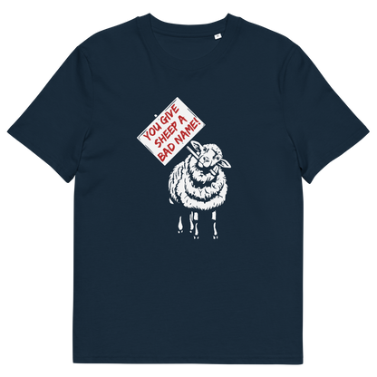 A French navy blue short-sleeve t-shirt with a graphic print of a white sheep holding a red sign that reads 'YOU GIVE SHEEP A BAD NAME!'.