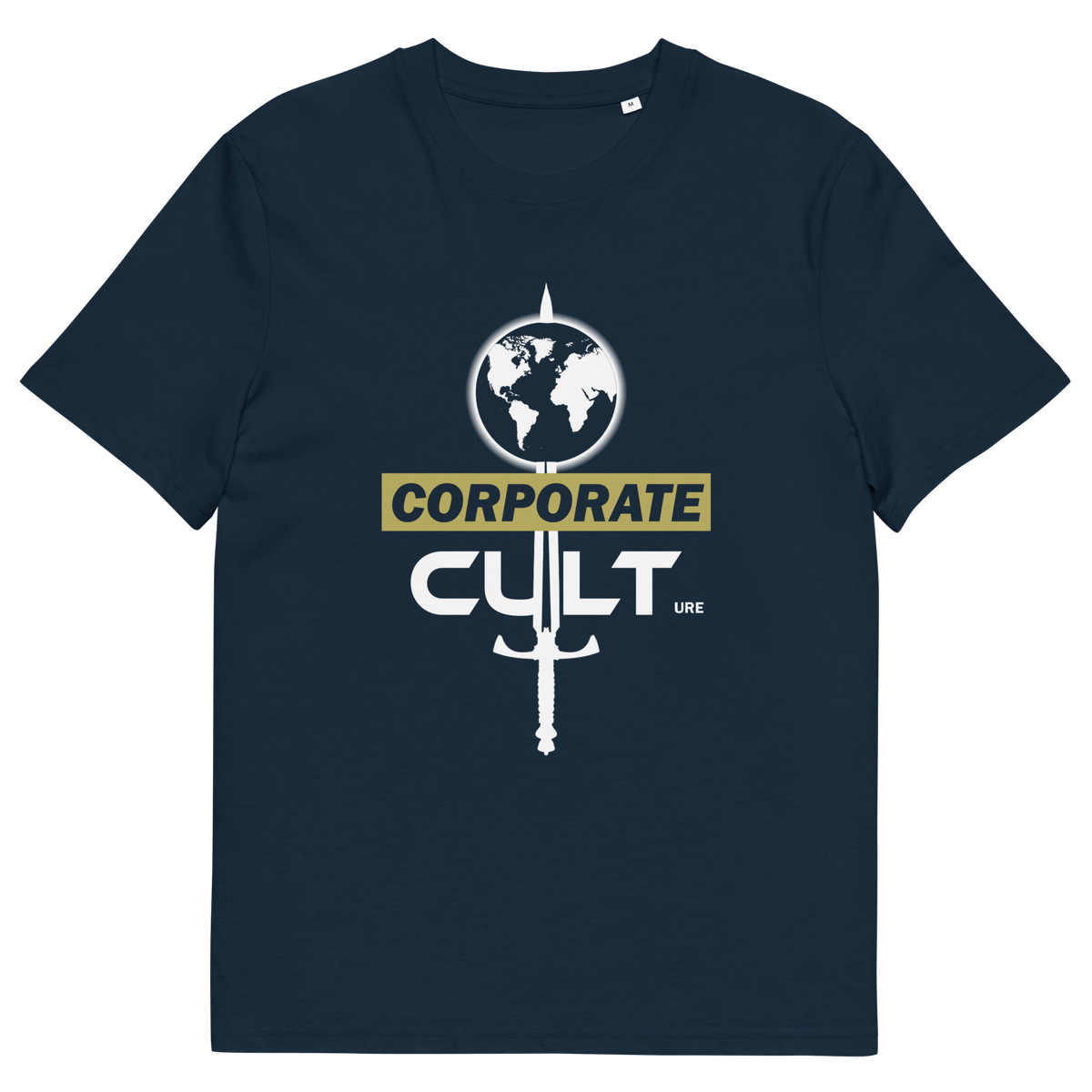 French navy T-shirt with "CORPORATE CULTure" text.