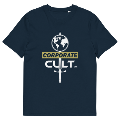 French navy T-shirt with "CORPORATE CULTure" text.