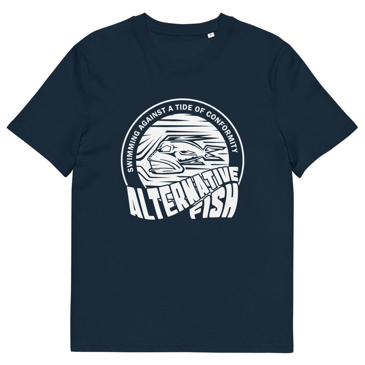 French navy T-shirt with An "ALTERNATIVE FISH" logo.