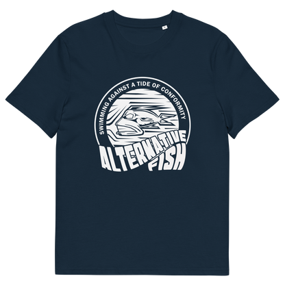 French navy T-shirt with An "ALTERNATIVE FISH" logo.