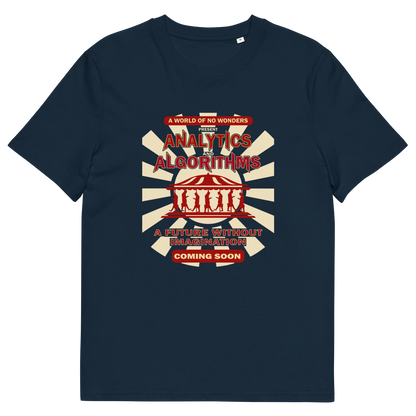 French nay blue T-shirt with an "AVALYTICS AND ALGORITHMS" spoof fairground poster design.