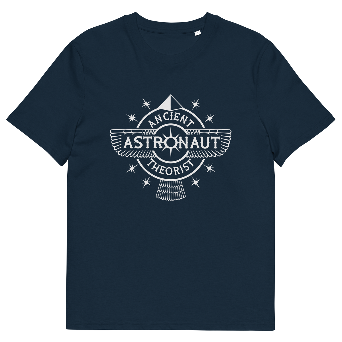 French navy blue t-shirt with "ANCIENT ASTRONAUT THEORIST" logo.