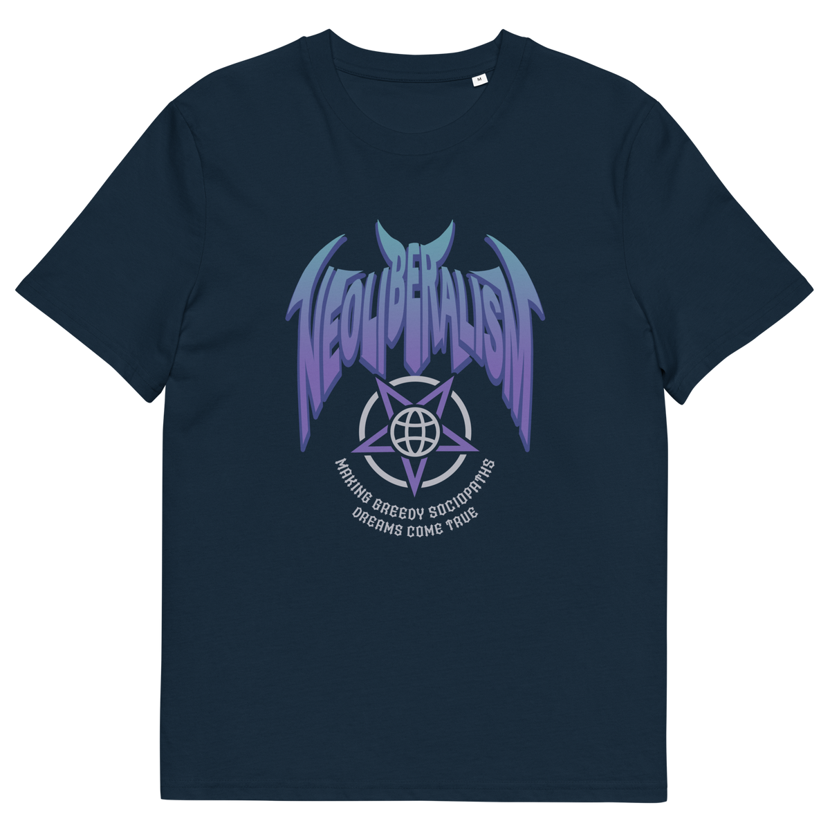 French navy blue t-shirt with "NEOLIBERALISM" logo.