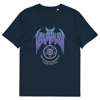 French navy blue t-shirt with "NEOLIBERALISM" logo.