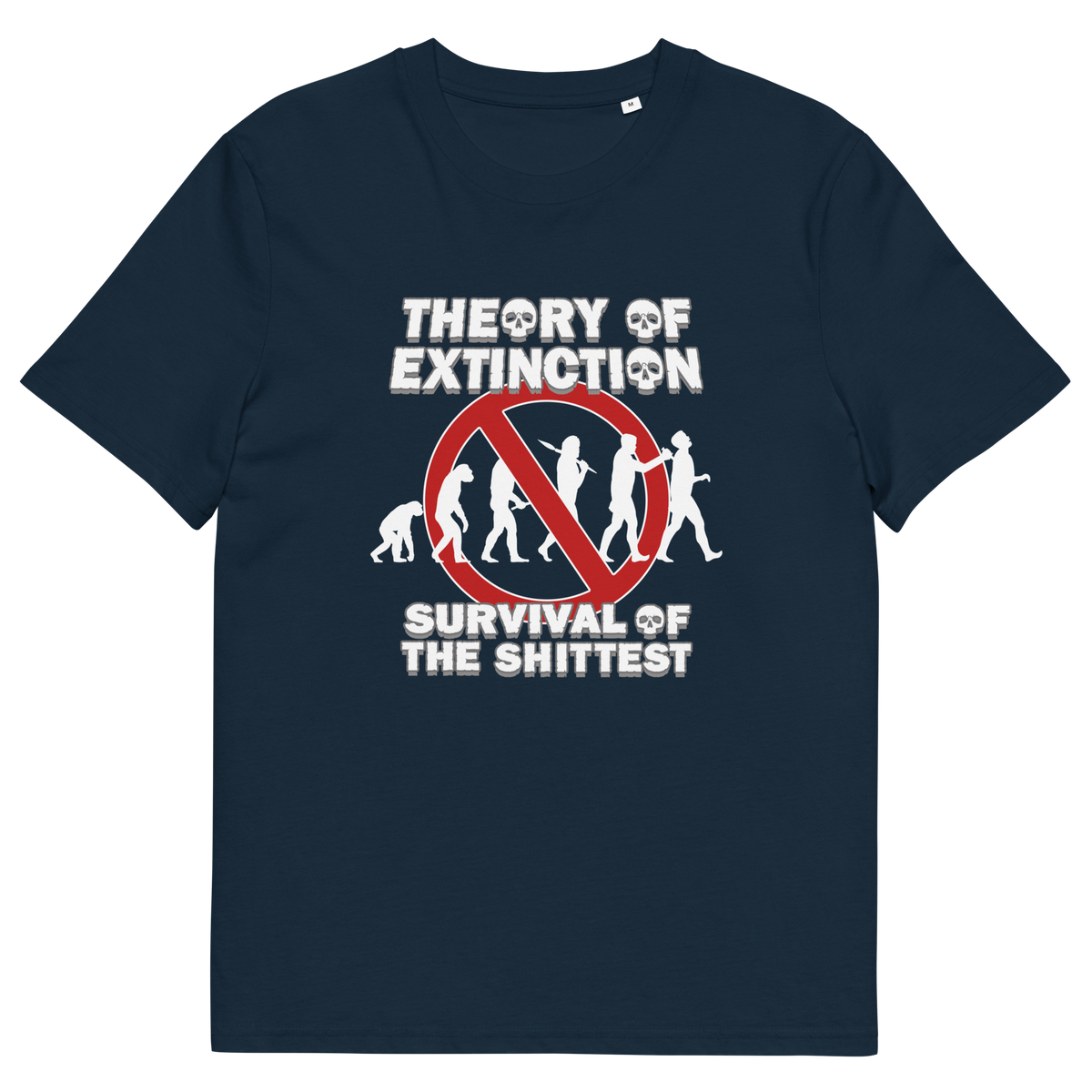 French navy blue t-shirt with a graphic on the front. The graphic features the text 'THEORY OF EXTINCTION' and 'SURVIVAL OF THE SHITTEST' in white, surrounding a red prohibition sign over white silhouettes of human evolution.