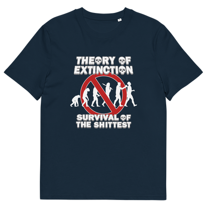 French navy blue t-shirt with a graphic on the front. The graphic features the text 'THEORY OF EXTINCTION' and 'SURVIVAL OF THE SHITTEST' in white, surrounding a red prohibition sign over white silhouettes of human evolution.