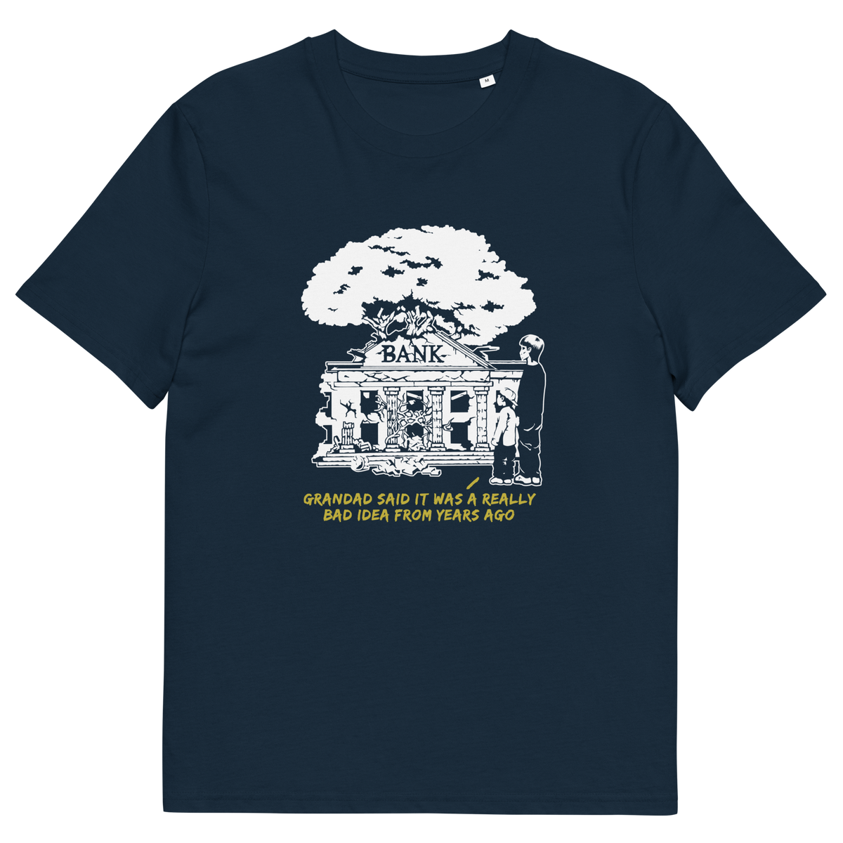 French navy T-shirt  with a design of a run down Bank.