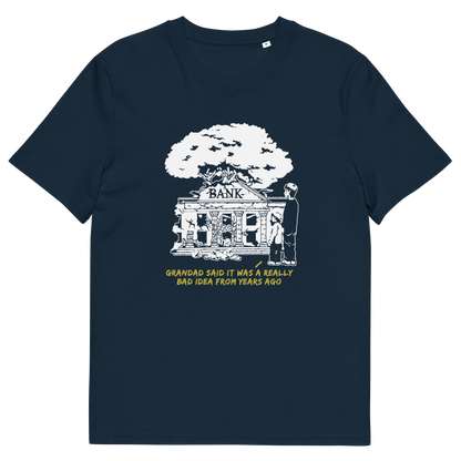 French navy T-shirt  with a design of a run down Bank.