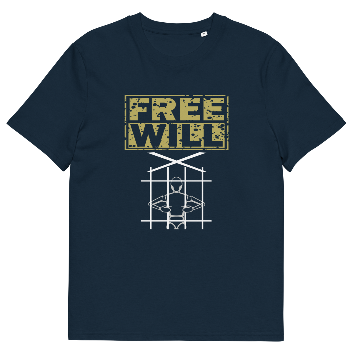A French navy blue short-sleeve t-shirt with a graphic print on the front. The print features the words 'FREE WILL' in a distressed yellow stencil font above a white line-art illustration of a person inside a cage.