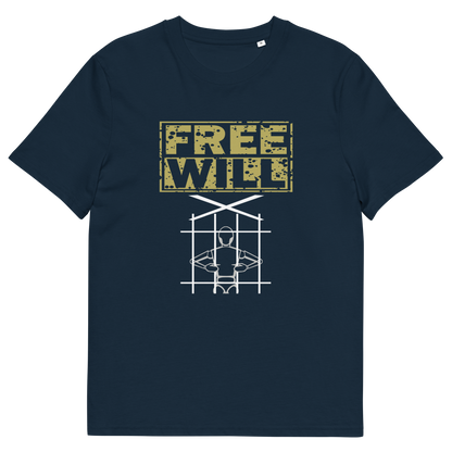 A French navy blue short-sleeve t-shirt with a graphic print on the front. The print features the words 'FREE WILL' in a distressed yellow stencil font above a white line-art illustration of a person inside a cage.