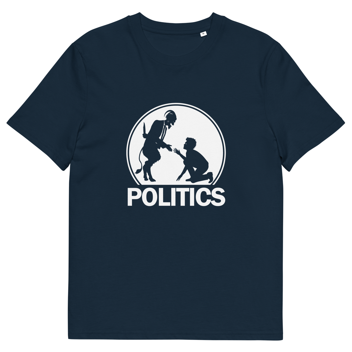 A French navy blue short-sleeve t-shirt with a white graphic print on the chest. The graphic features a circular silhouette illustration of a standing figure reaching toward a kneeling figure, with the word 'POLITICS' printed in bold white capital letters underneath.