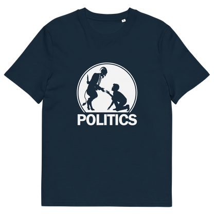 A French navy blue short-sleeve t-shirt with a white graphic print on the chest. The graphic features a circular silhouette illustration of a standing figure reaching toward a kneeling figure, with the word 'POLITICS' printed in bold white capital letters underneath.