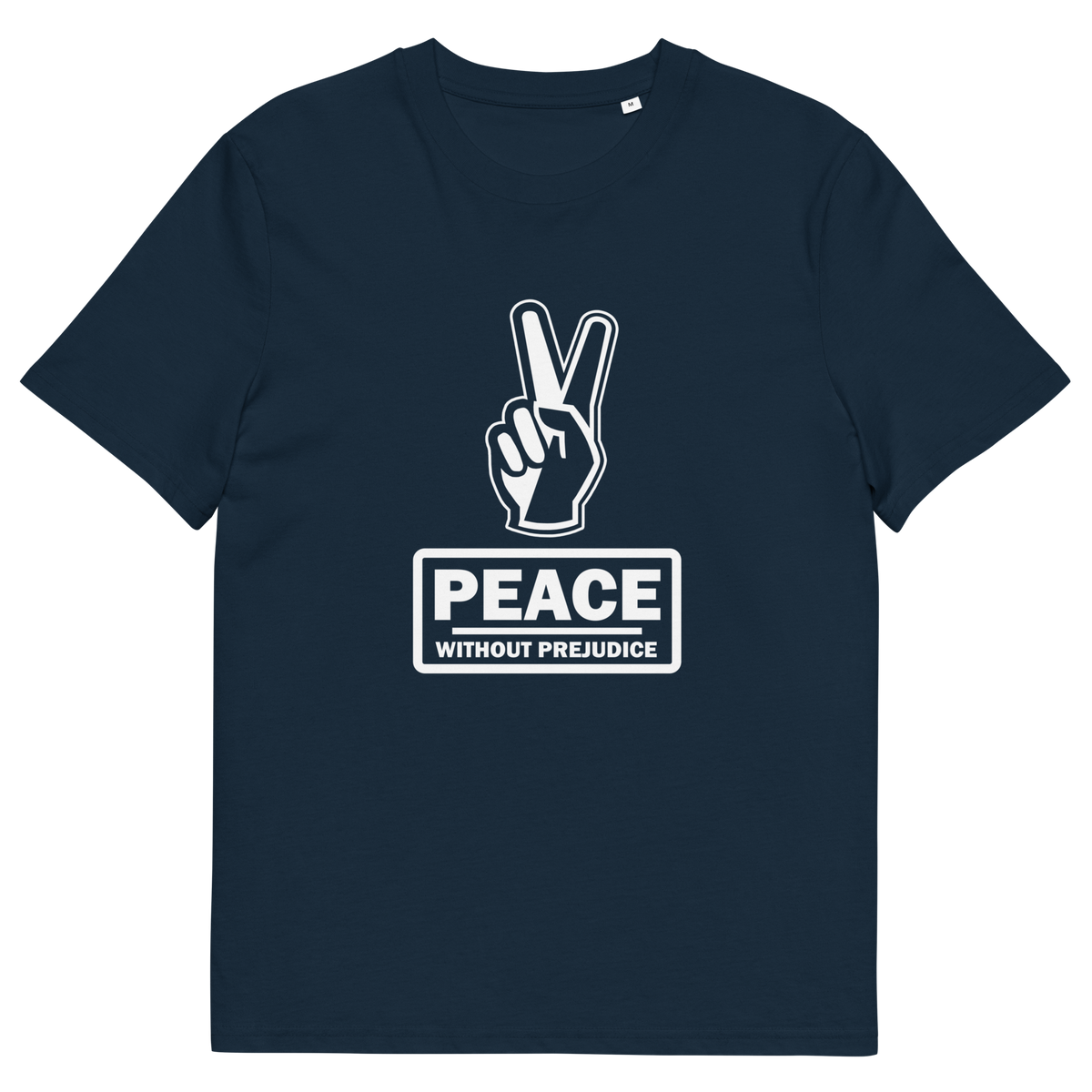 A French Navy blue t-shirt with a white printed peace sign and "Peace without prejudice" written underneath.