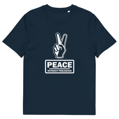 A French Navy blue t-shirt with a white printed peace sign and "Peace without prejudice" written underneath.