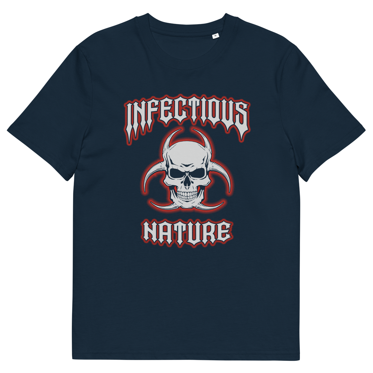 A French navy blue t-shirt with a skull and biohazard logo and "INFECTIOUS NATURE" text.