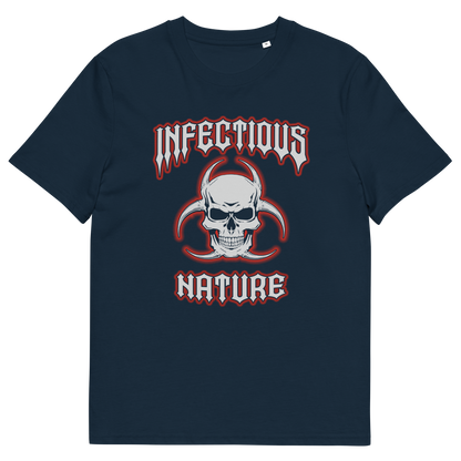 A French navy blue t-shirt with a skull and biohazard logo and "INFECTIOUS NATURE" text.