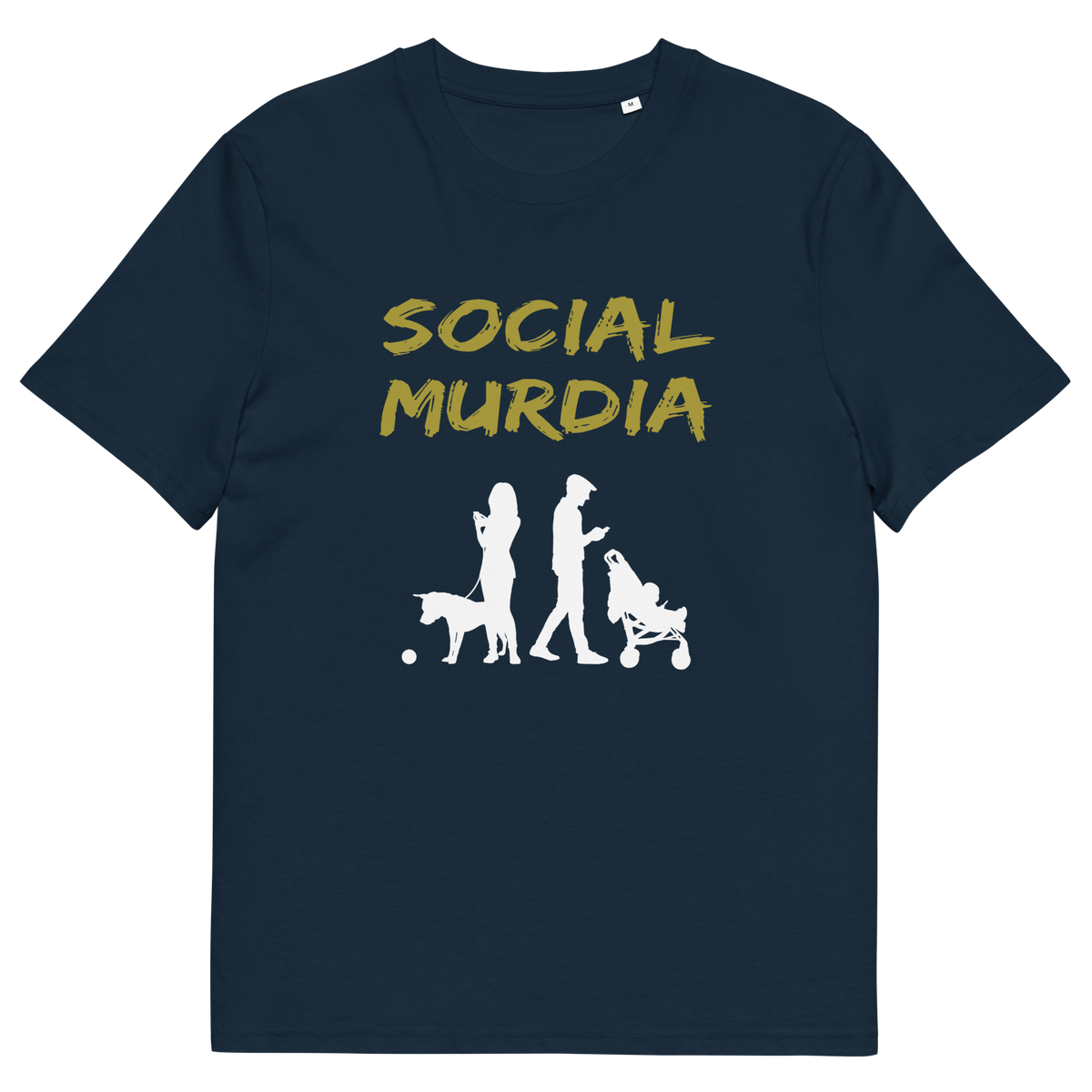 A French navy blue t-shirt with a silhouette of two people on the phone while ignoring a dog and a baby and the text "SOCIAL MURDIA".