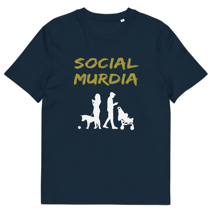A French navy blue t-shirt with a silhouette of two people on the phone while ignoring a dog and a baby and the text "SOCIAL MURDIA".