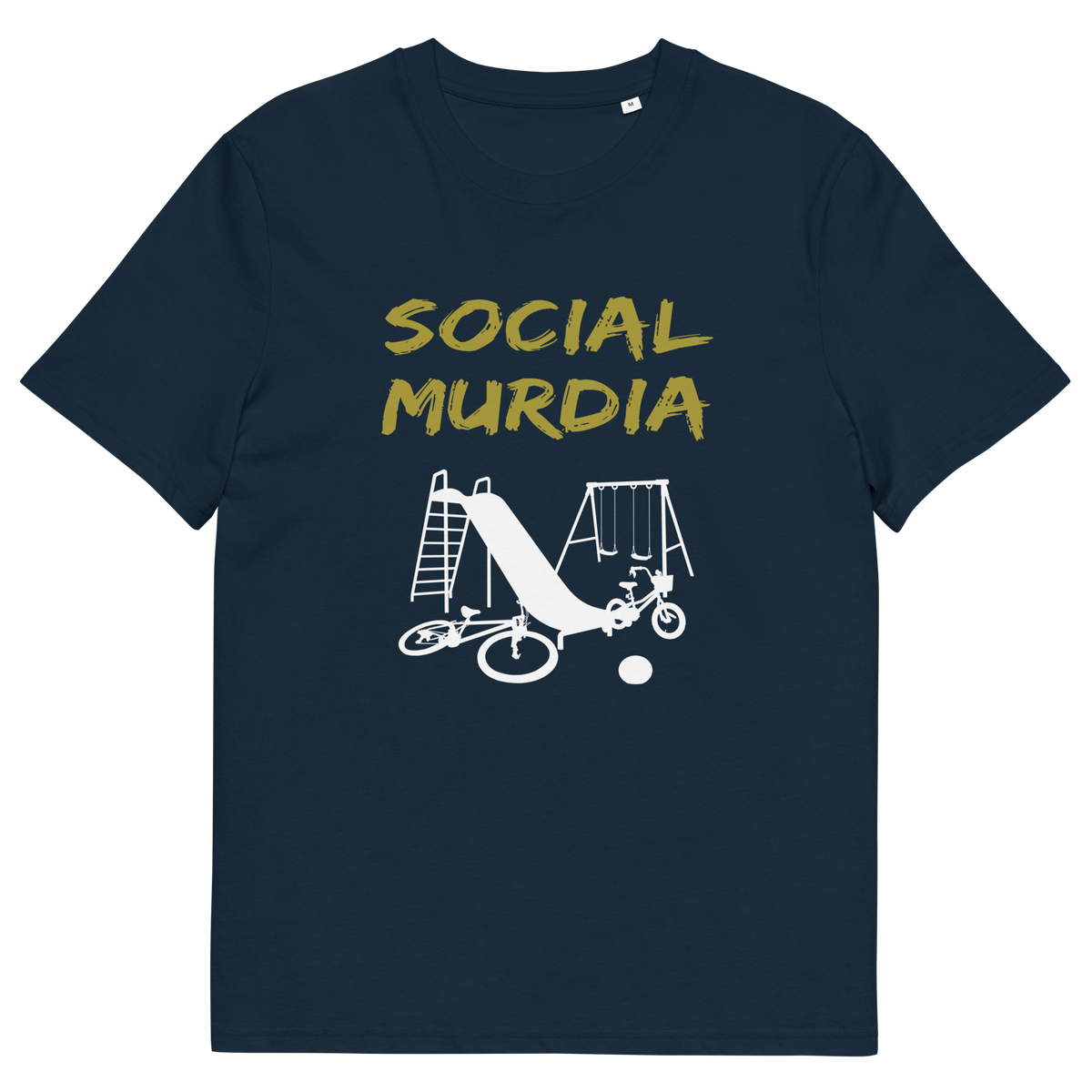 A French navy blue t-shirt with a silhouette of an empty playground and the text "SOCIAL MURDIA".