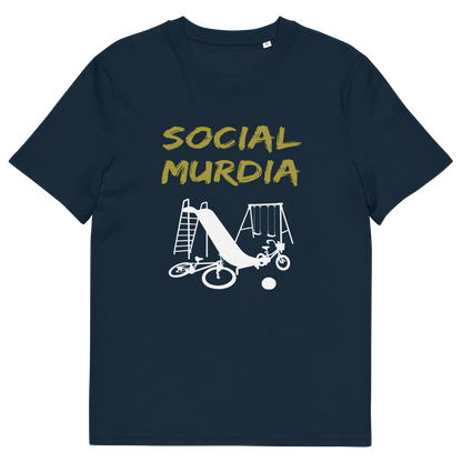 A French navy blue t-shirt with a silhouette of an empty playground and the text "SOCIAL MURDIA".